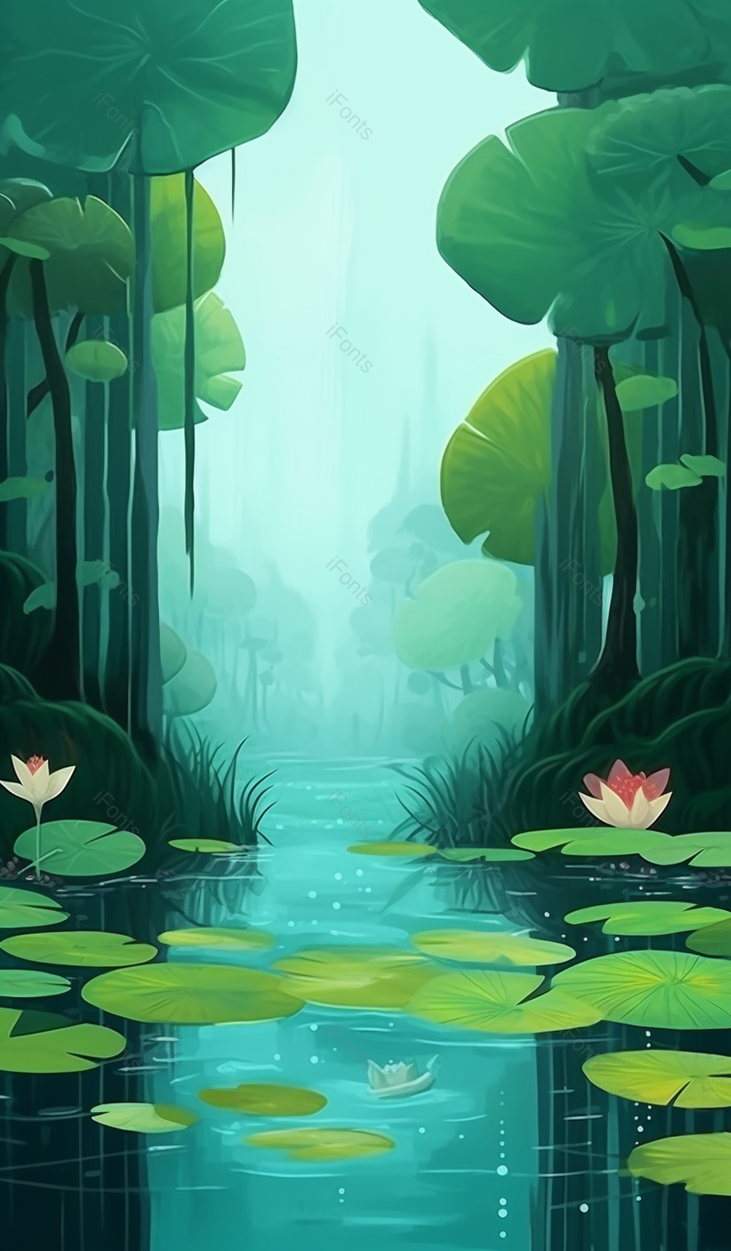 晚霞唯美绿色夏至池塘的荷叶风景清新插画背景,插画/手绘图,插画/手绘图库,插画/手绘图下载,插画/手绘